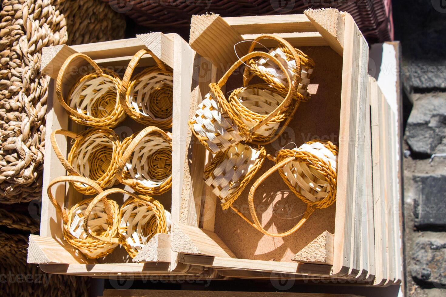 Empty wicker baskets for sale 14877427 Stock Photo at Vecteezy