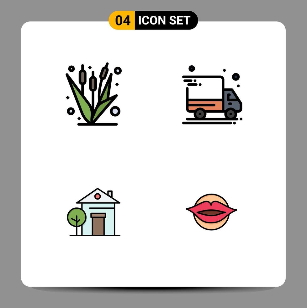 Pack of 4 creative Filledline Flat Colors of corn home farming delivery van hotel Editable Vector Design Elements