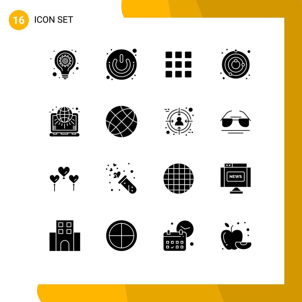 Modern Set of 16 Solid Glyphs Pictograph of globe space switch satellite squares Editable Vector Design Elements