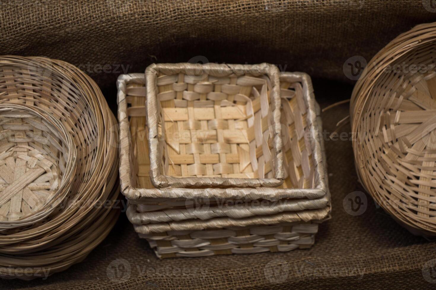 Empty wicker baskets for sale 14879222 Stock Photo at Vecteezy