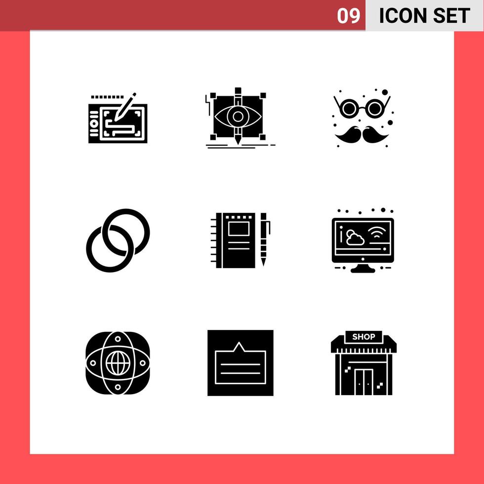 Group of 9 Modern Solid Glyphs Set for sketch notebook couple visual wedding moustache Editable Vector Design Elements