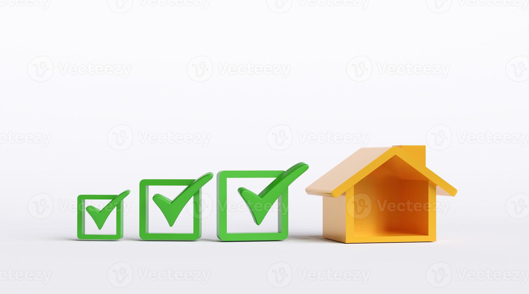 Home inspections, compliance standards, certificates, and real estate safety. house with check mark on white background. with copy space and business design. 3D rendering illustration photo