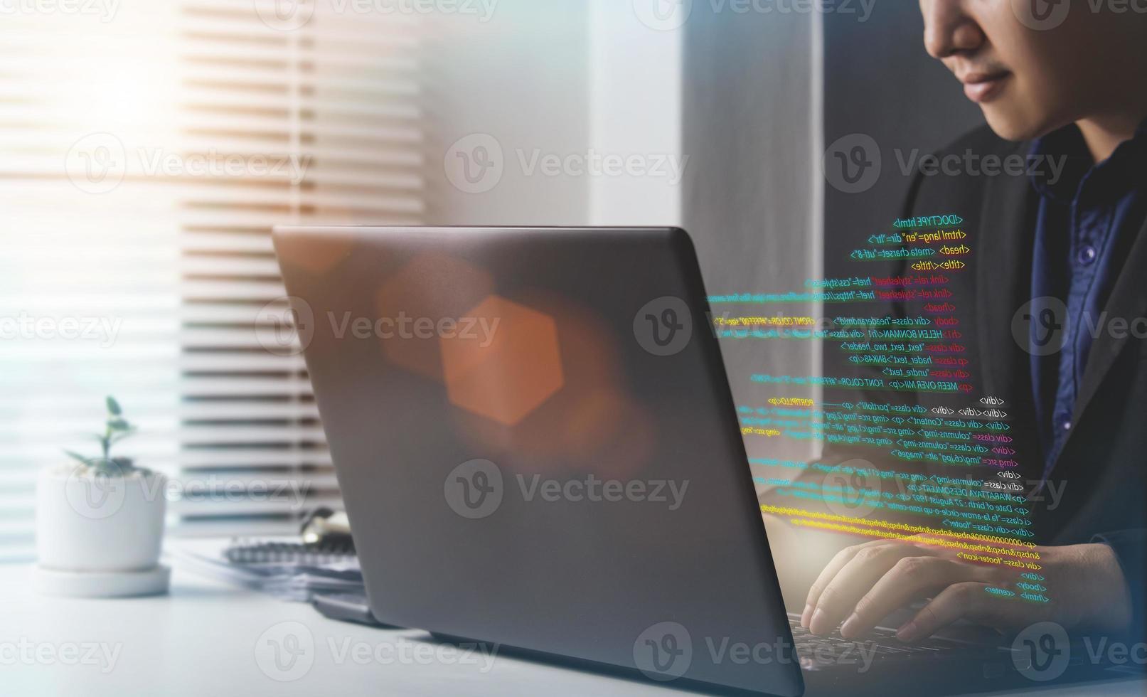 IT programmer working on digital technology, computer code, intelligent coding. computer project concept Scripting software code for analyzing business data, creating programs to protect data photo
