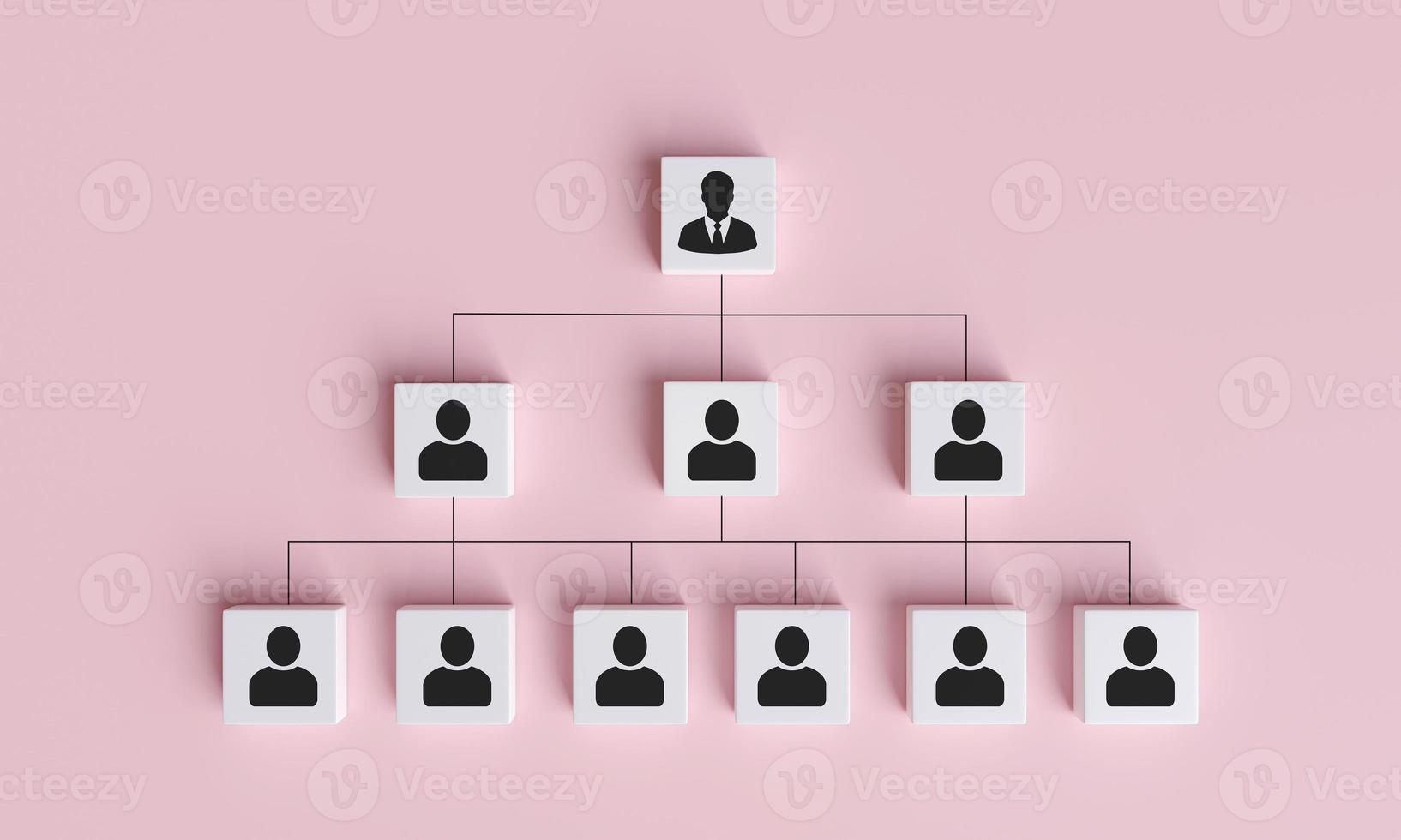 Human icon on square cube with line connecting position diagram. Concept of organizational structure, position chart, organizational management and human resource management. 3D rendering illustration photo