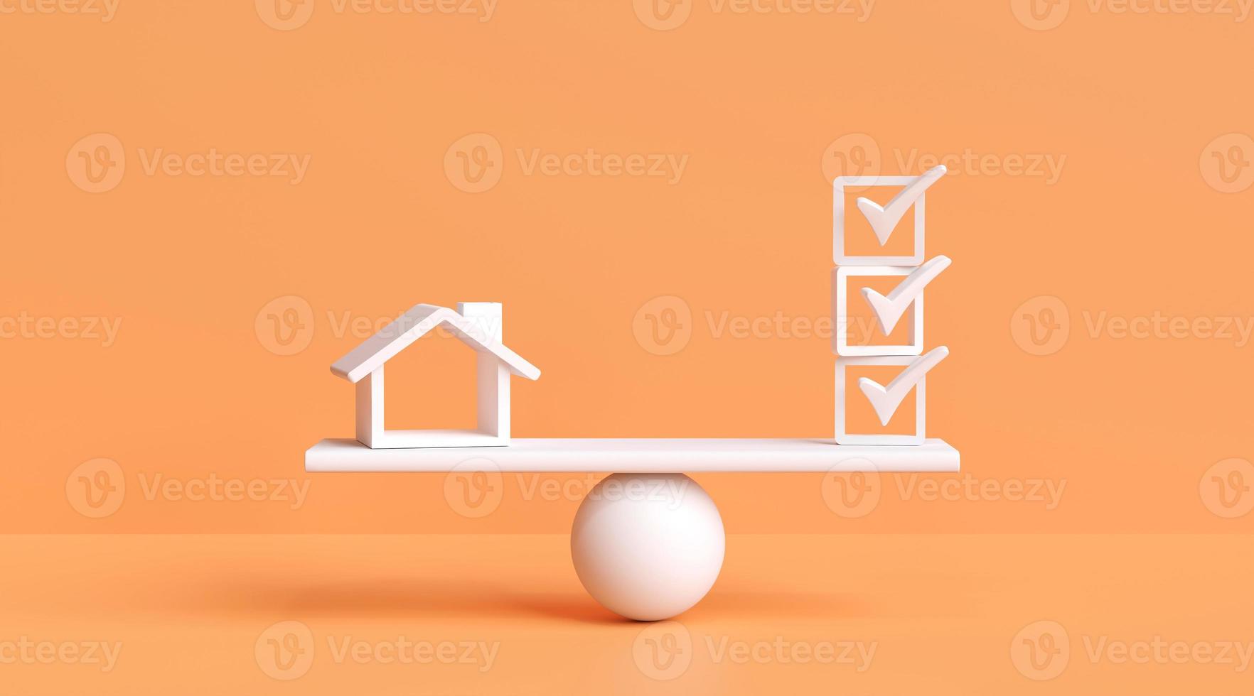 Home vs check mark on scales. Home certification standards, inspections, approvals, home inspection security, checklists. 3D rendering illustration photo