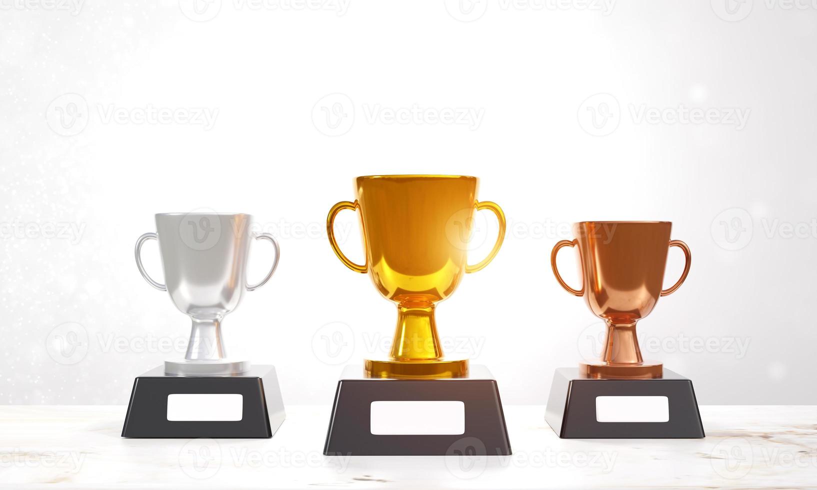 trofeos para los ganadores. conjunto de trofeos de oro, plata y bronce sobre fondo blanco. concepto ganador, diseño de premios, logro, 1°, 2°, 3° lugar. ilustración de renderizado 3d foto