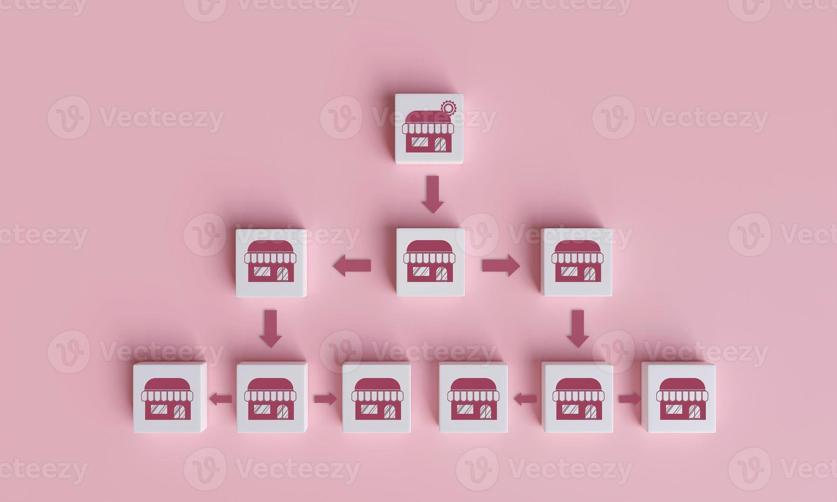 concept of Franchise business marketing system, Service Shop Business Planning Strategies Store network expansion. structure square cube with store icon. 3D rendering illustration photo