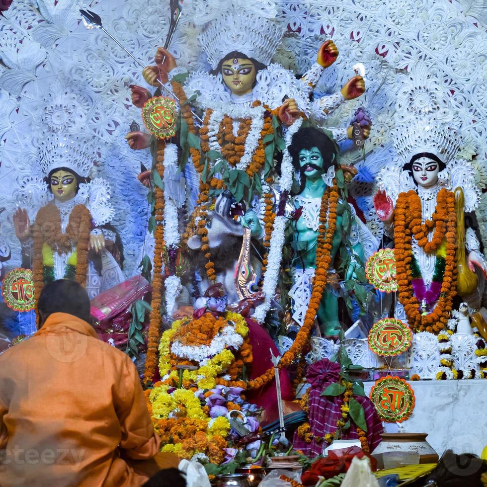 Goddess Durga with traditional look in close up view at a South Kolkata Durga Puja, Durga Puja Idol, A biggest Hindu Navratri festival in India photo