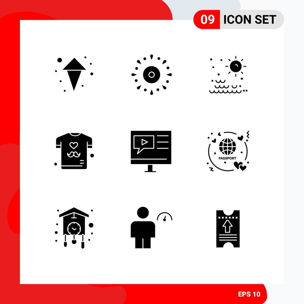 Mobile Interface Solid Glyph Set of 9 Pictograms of media shirt sea fathers day dad Editable Vector Design Elements