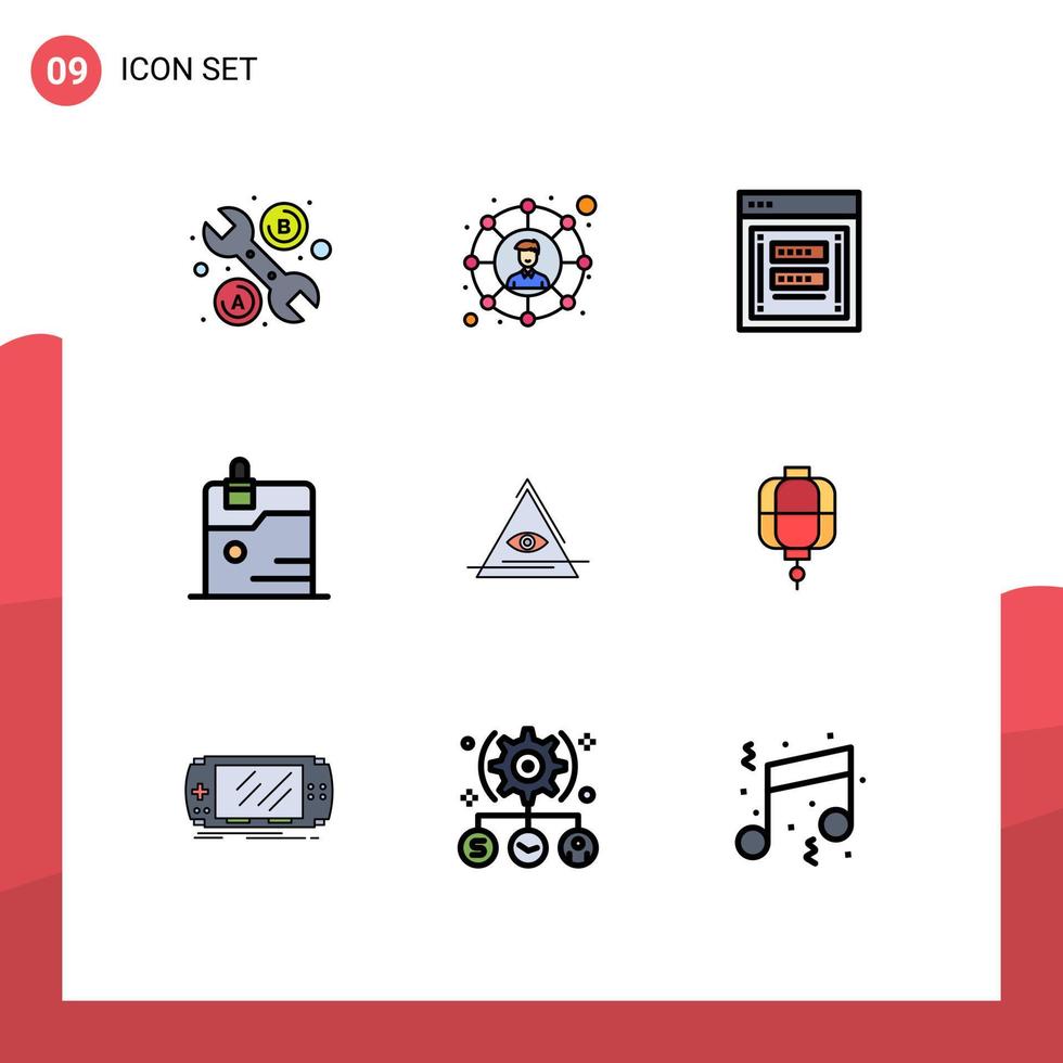Set of 9 Commercial Filledline Flat Colors pack for illuminati technology link protection business Editable Vector Design Elements
