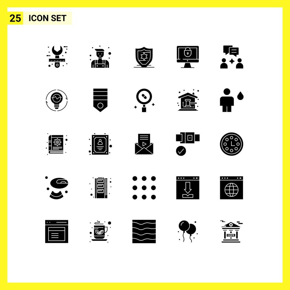 grupo de símbolos de iconos universales de 25 glifos sólidos modernos de elementos de diseño de vectores editables de internet de seguridad estadounidense de chat hombre
