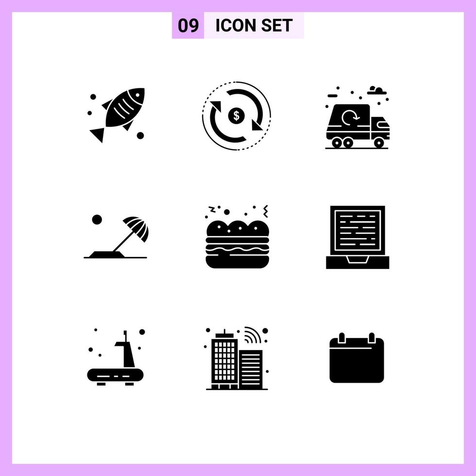 conjunto de 9 iconos de interfaz de usuario modernos signos de símbolos para elementos de diseño vectorial editables de camión de destino de dinero de vacaciones de pastel vector