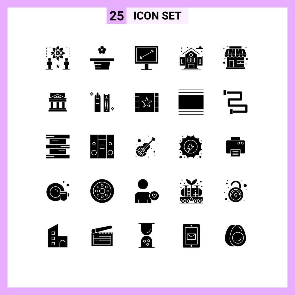 Set of 25 Vector Solid Glyphs on Grid for store building present school city Editable Vector Design Elements