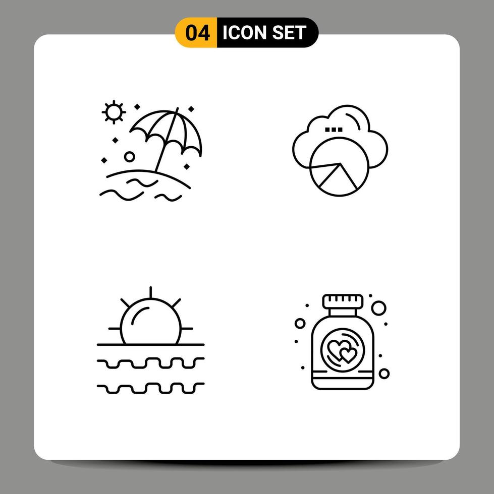 conjunto de línea de interfaz móvil de 4 pictogramas de sol de playa que informa elementos de diseño de vector editables de vacaciones de vacaciones en la nube