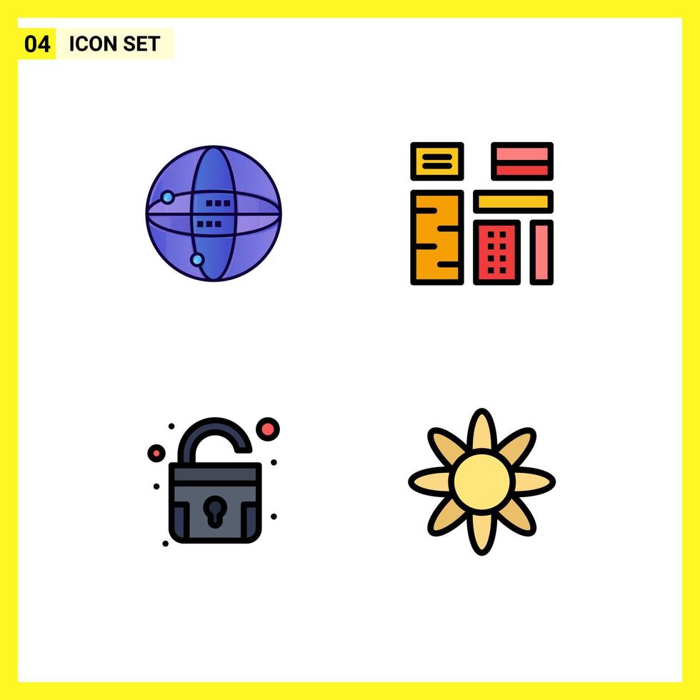 Pack of 4 creative Filledline Flat Colors of world lock globe feature unlock Editable Vector Design Elements