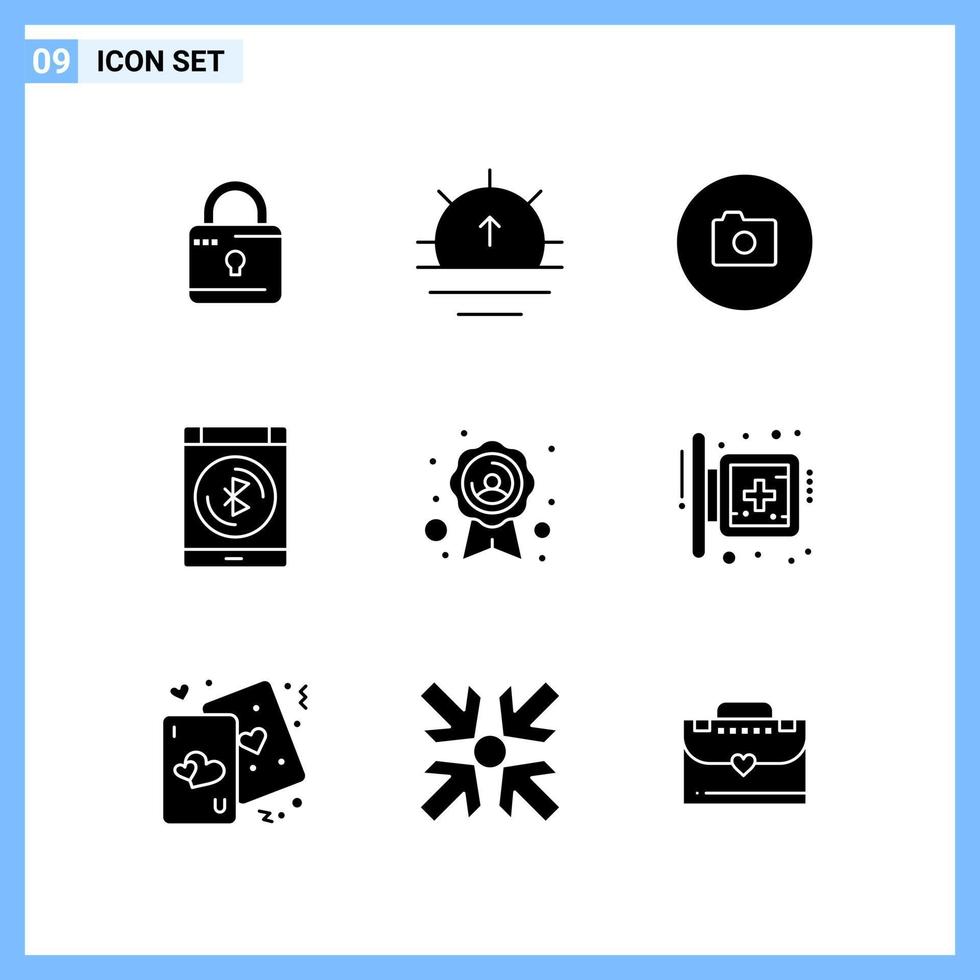 9 Icons. Solid style Creative Glyph Symbols. Black Solid Icon Sign Isolated on White Background. vector