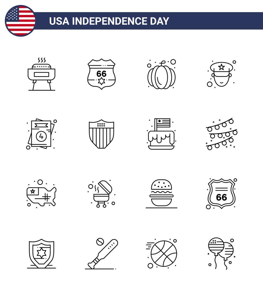 paquete de iconos de vector de stock de día americano 16 signos y símbolos de línea para el amor de boda oficial de invitación estadounidense editable elementos de diseño de vector de día de EE. UU.