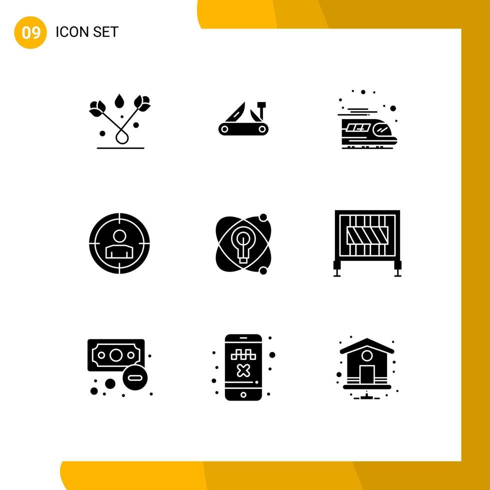Pack of 9 Modern Solid Glyphs Signs and Symbols for Web Print Media such as nuclear atom swiss audience targeting focus Editable Vector Design Elements