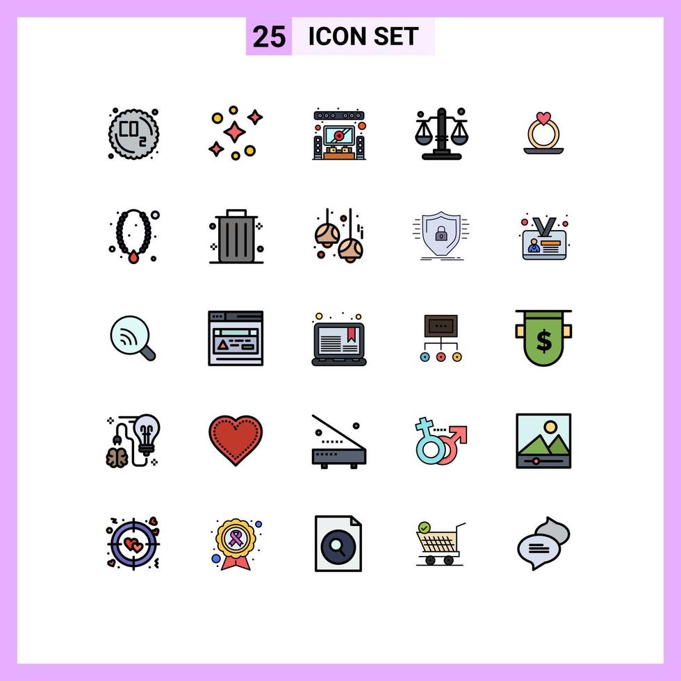 grupo de símbolos de icono universal de 25 colores planos de línea llena moderna de joyería corazón casa anillo justicia elementos de diseño vectorial editables vector