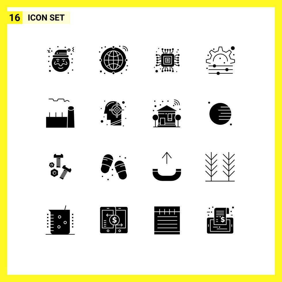 Editable Vector Line Pack of 16 Simple Solid Glyphs of goal industrial plant micro cooling tower boiler Editable Vector Design Elements