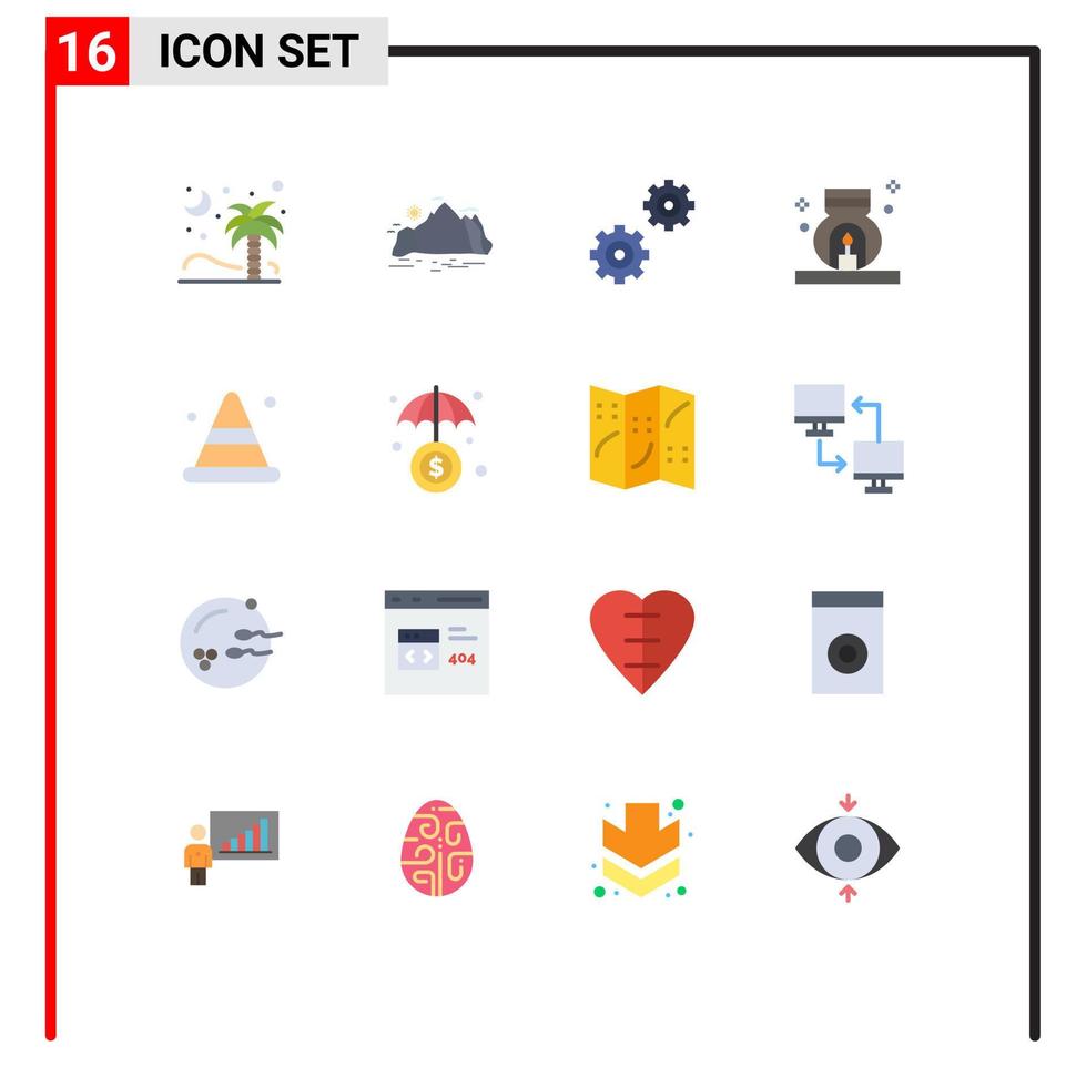 grupo universal de símbolos de iconos de 16 colores planos modernos de opciones de relajación de montaña de aroma de alerta paquete editable de elementos creativos de diseño de vectores