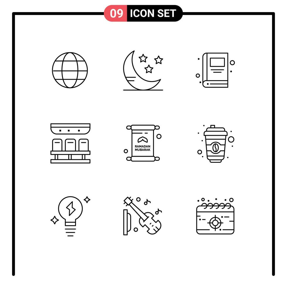 Set of 9 Modern UI Icons Symbols Signs for mubarak iftar school invitation travel Editable Vector Design Elements