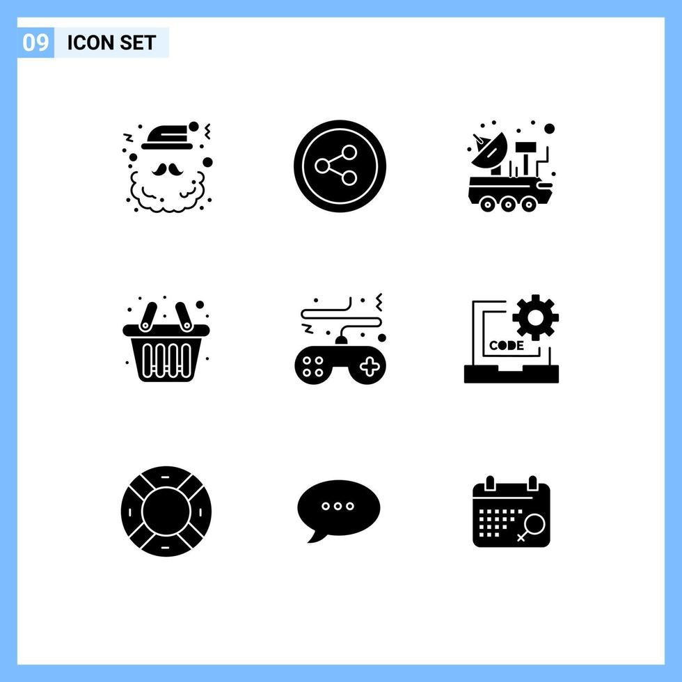 Pack of 9 Modern Solid Glyphs Signs and Symbols for Web Print Media such as console game satellite shopping basket Editable Vector Design Elements