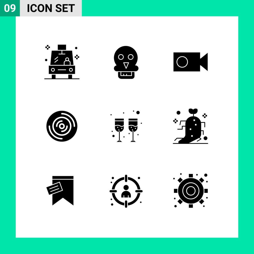Universal Icon Symbols Group of 9 Modern Solid Glyphs of wine drink cam cd music Editable Vector Design Elements