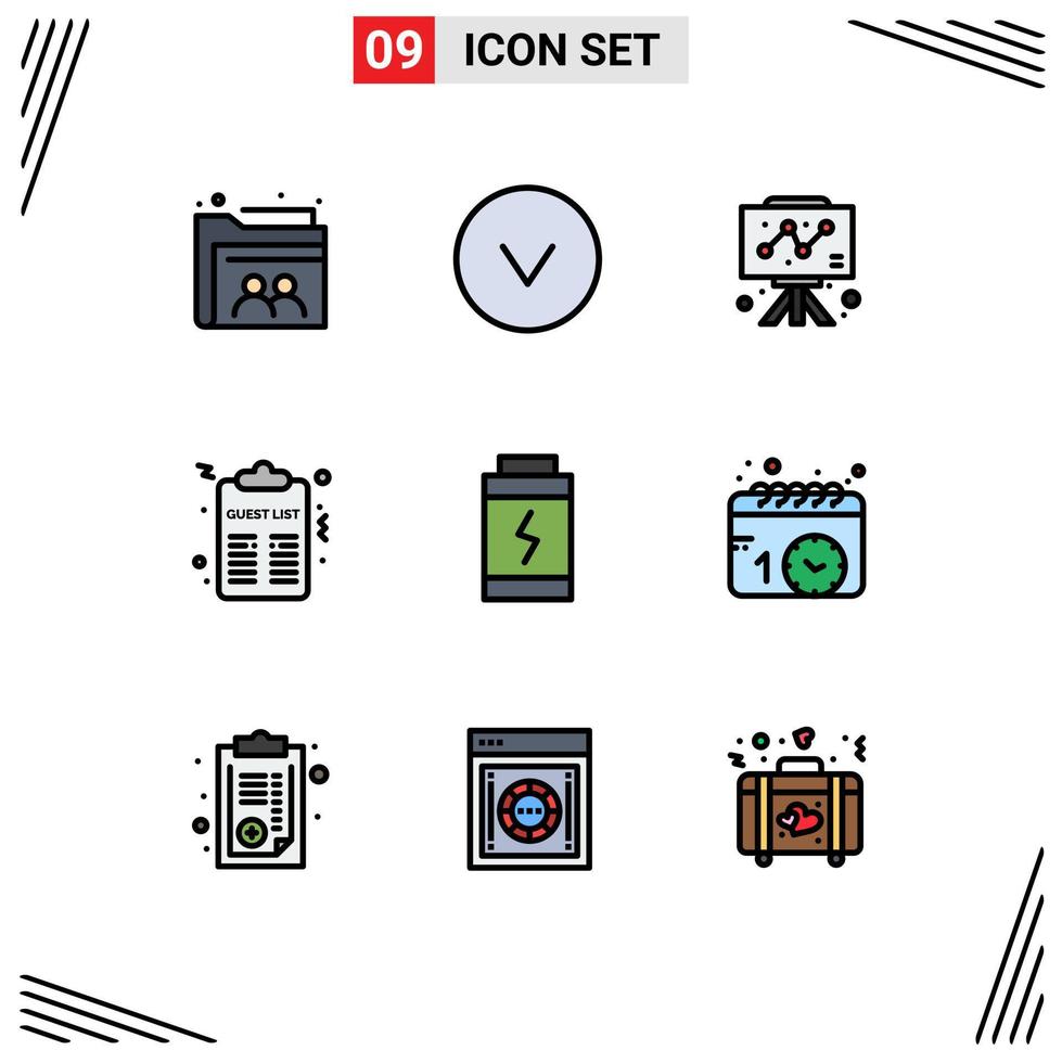 9 User Interface Filledline Flat Color Pack of modern Signs and Symbols of power battery business list night Editable Vector Design Elements