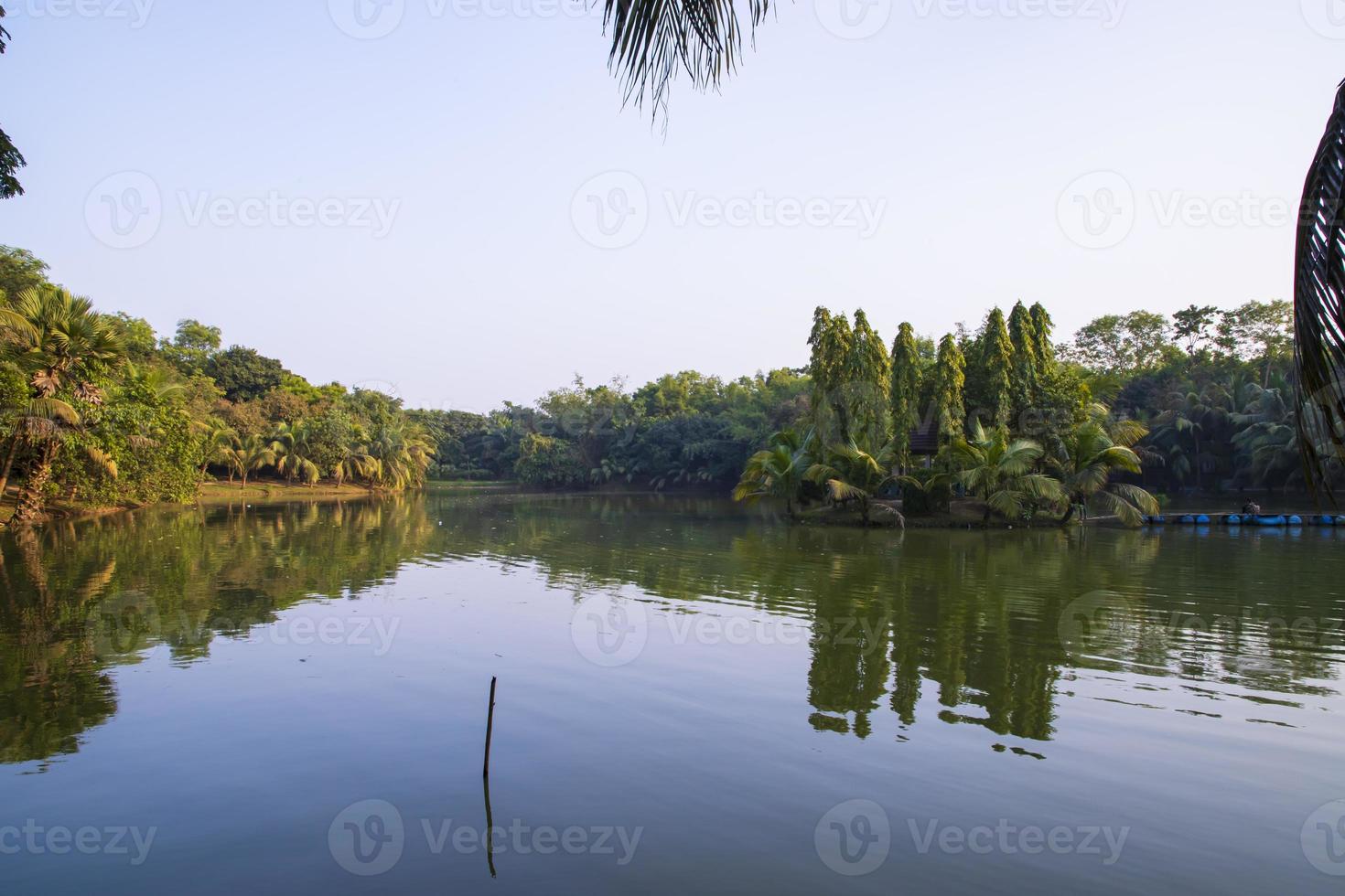Natural landscape view Reflection of trees in the lake water against blue sky photo