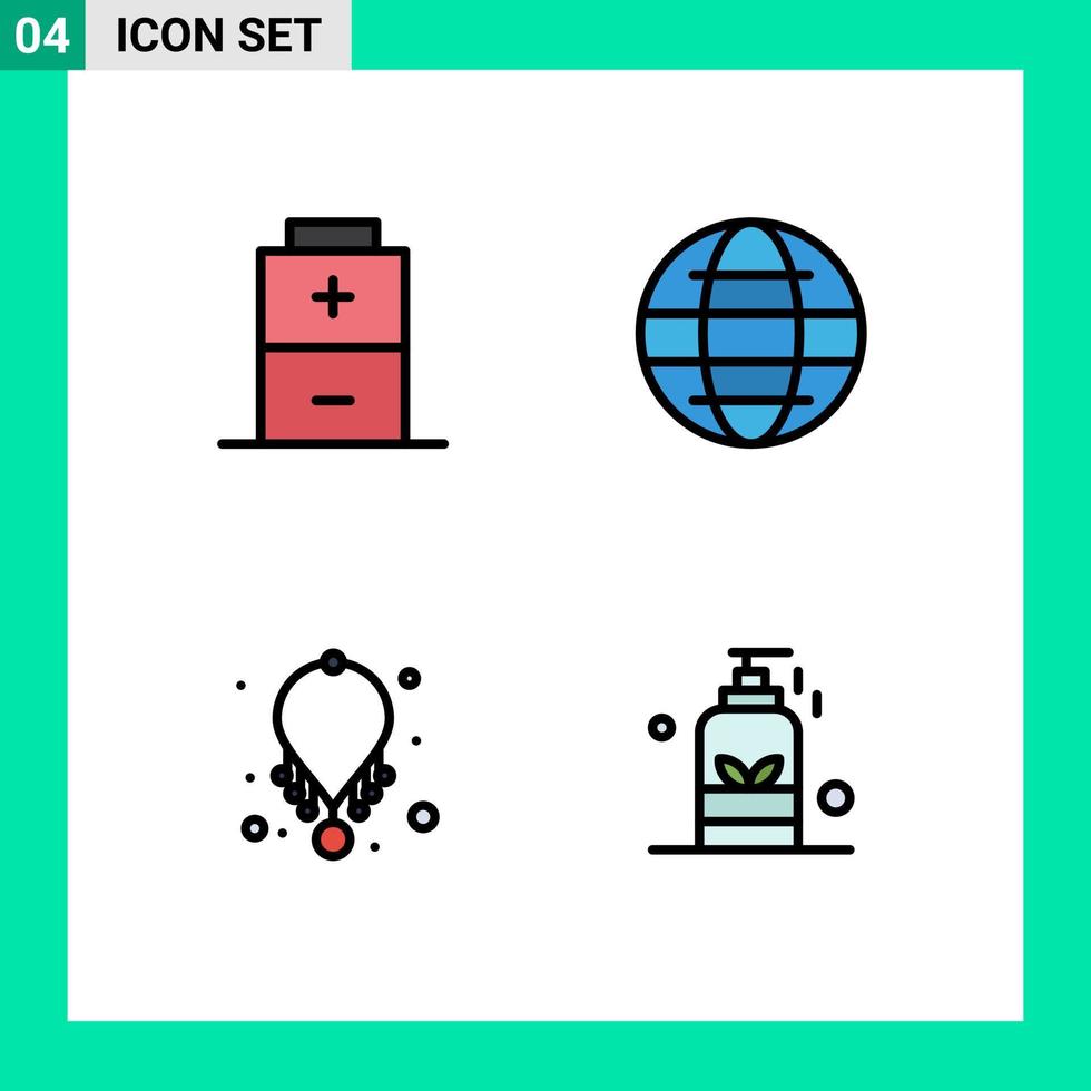 4 User Interface Filledline Flat Color Pack of modern Signs and Symbols of battery jewelry globe world beauty Editable Vector Design Elements