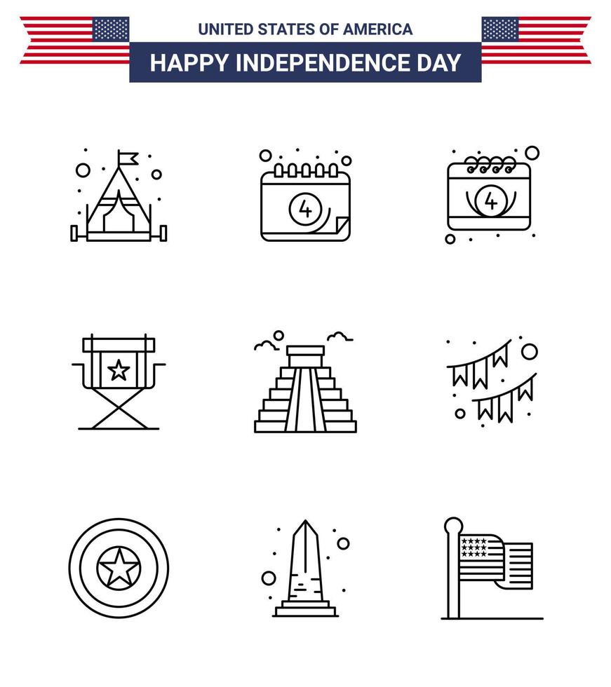 Pack of 9 USA Independence Day Celebration Lines Signs and 4th July Symbols such as buntings usa director american building Editable USA Day Vector Design Elements