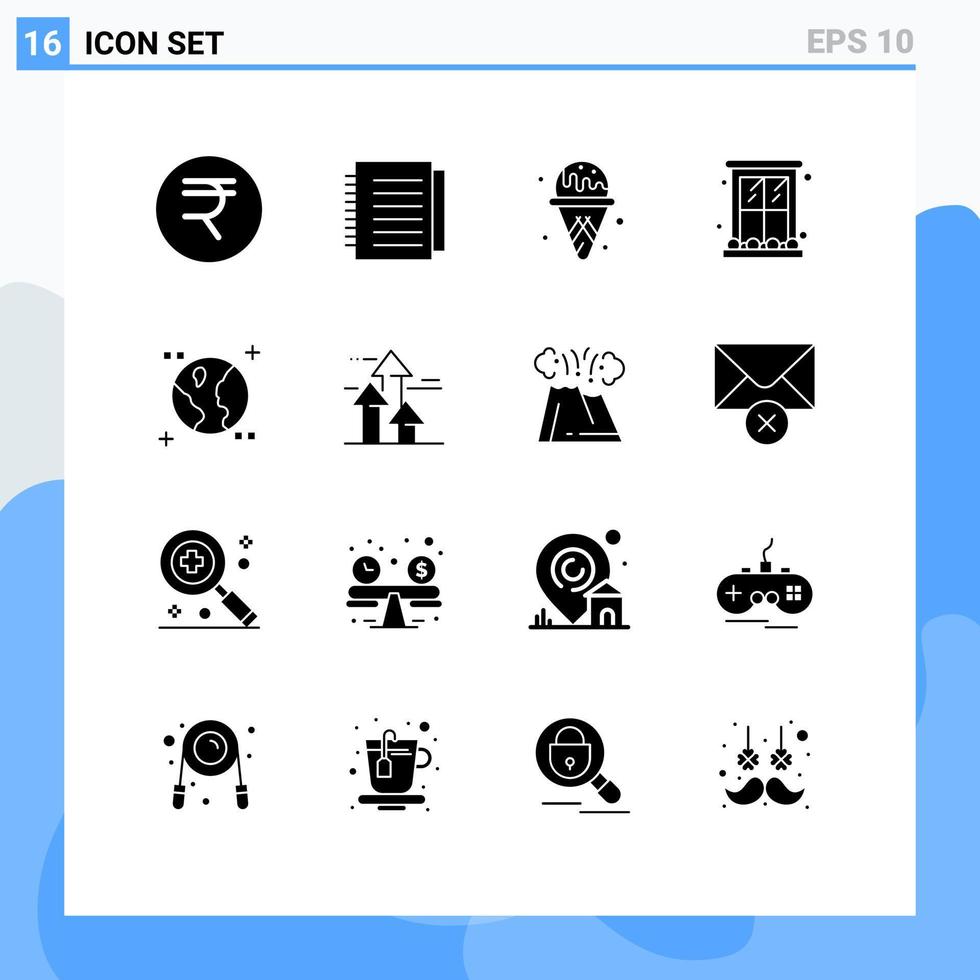 Pack of 16 creative Solid Glyphs of space astronomy ice cream house frame Editable Vector Design Elements