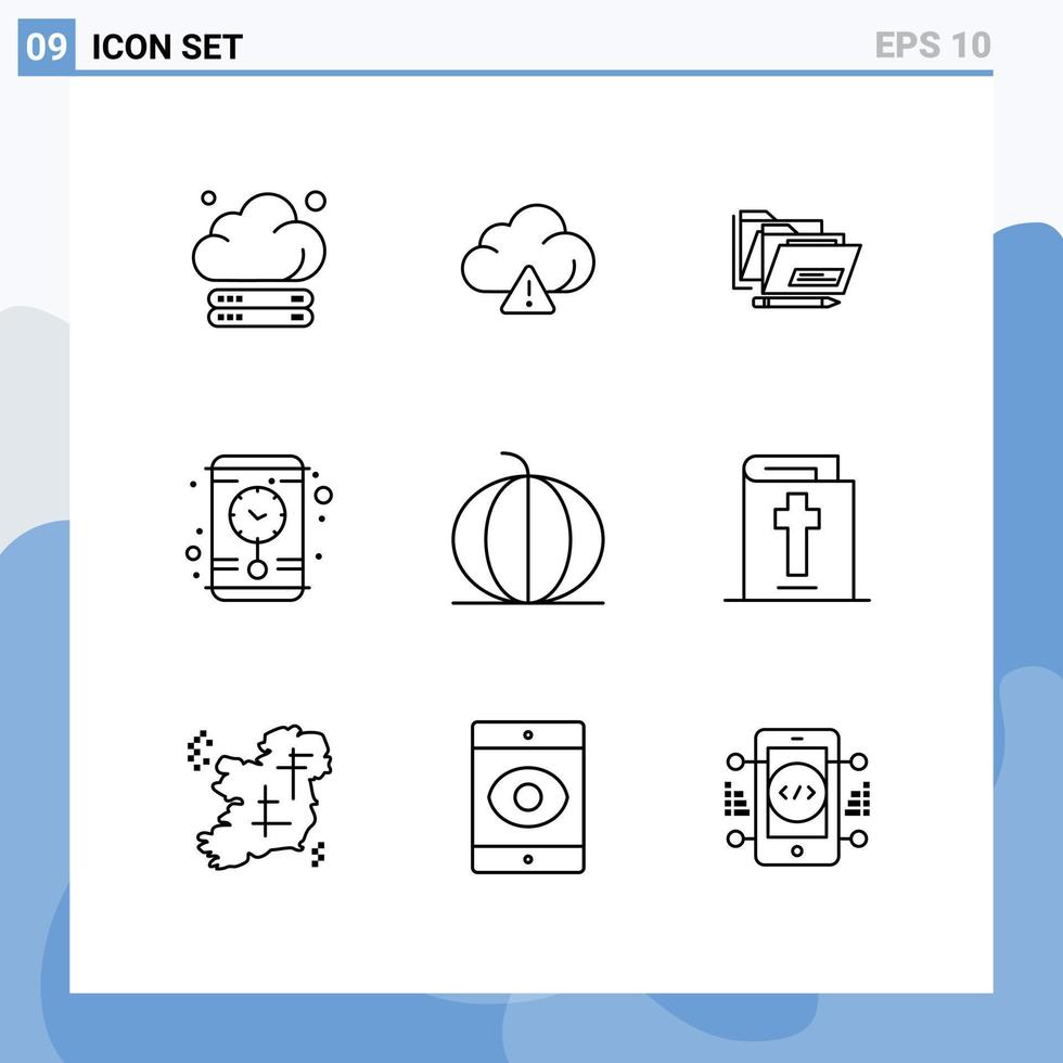 User Interface Pack of 9 Basic Outlines of pumpkin nature folder health time Editable Vector Design Elements
