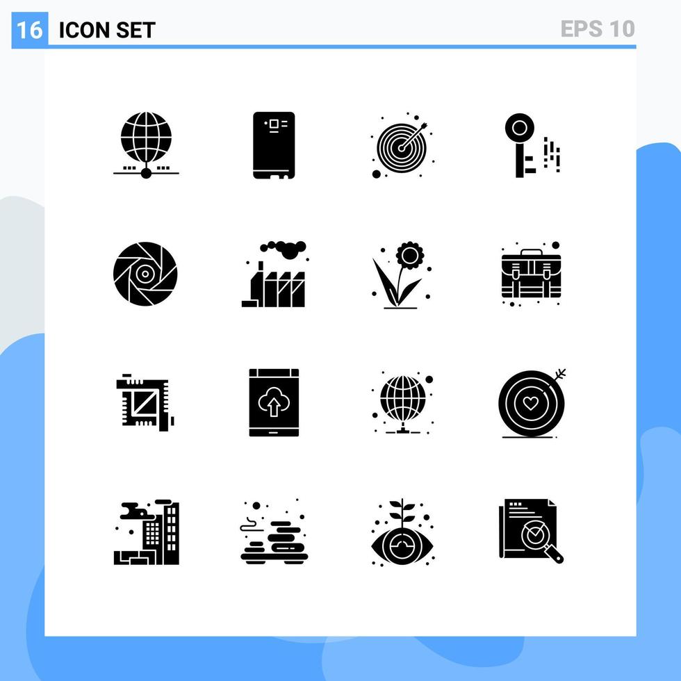 Group of 16 Modern Solid Glyphs Set for cinema security back internet target Editable Vector Design Elements