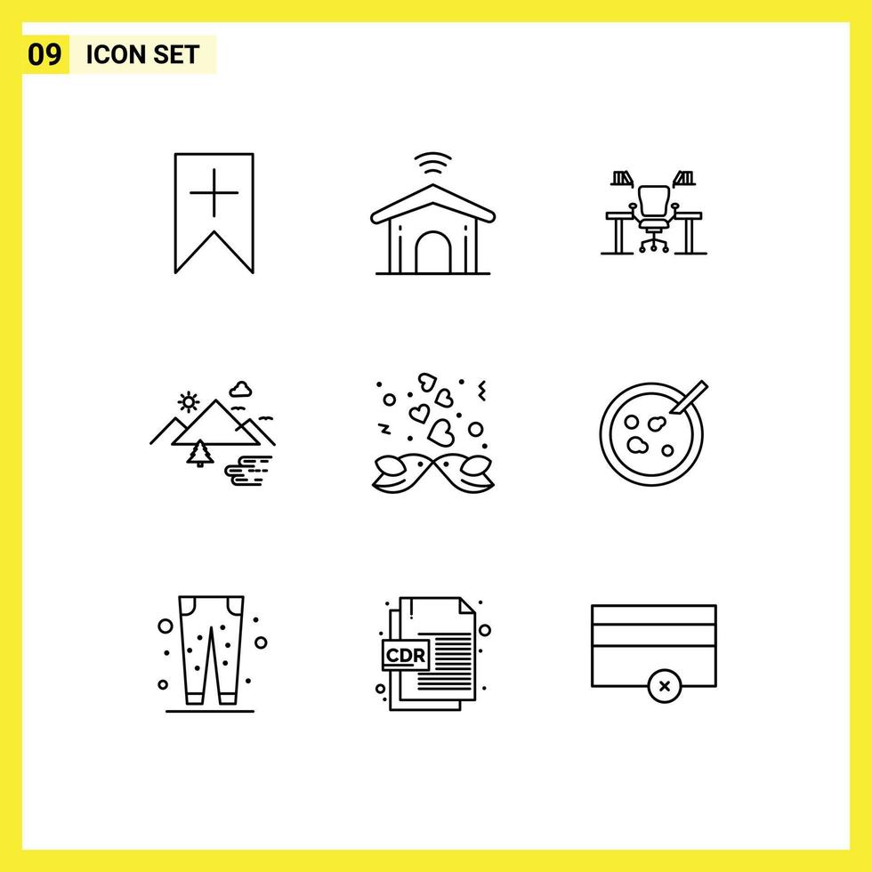 9 Thematic Vector Outlines and Editable Symbols of outdoor mountains table work place desk Editable Vector Design Elements