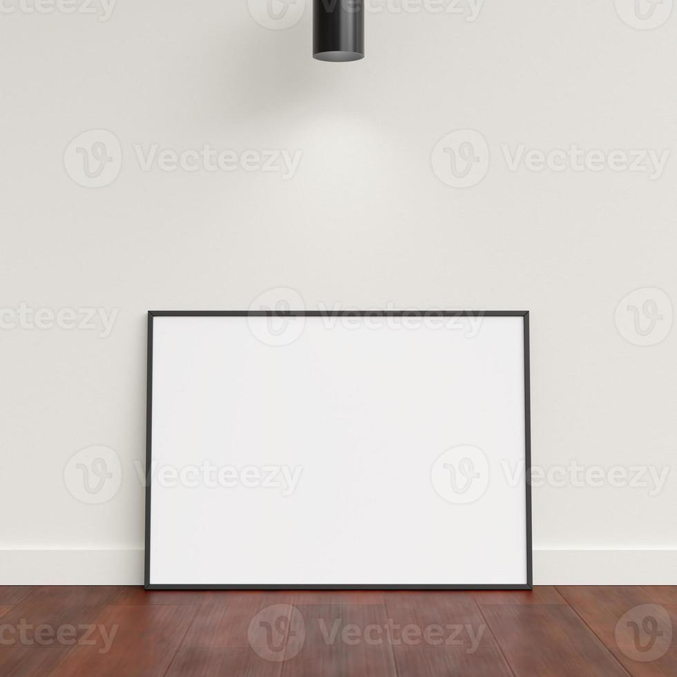 Minimal poster picture frame mockup leanings against the white wall. Blank frame mockup. Clean, modern, minimal frame. 3d rendering. photo