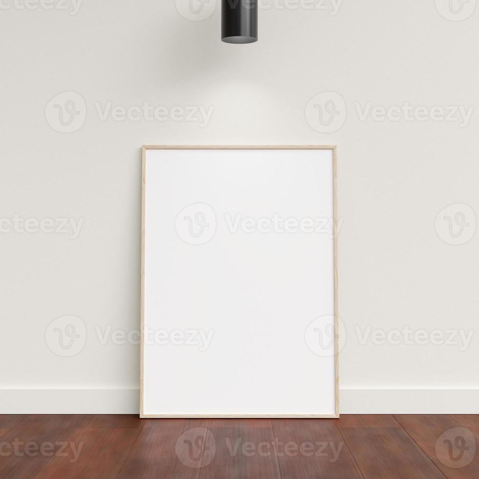 Minimal poster picture frame mockup leanings against the white wall. Blank frame mockup. Clean, modern, minimal frame. 3d rendering. photo