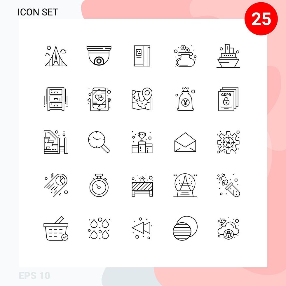 25 Universal Lines Set for Web and Mobile Applications cruise money security cash cooling Editable Vector Design Elements