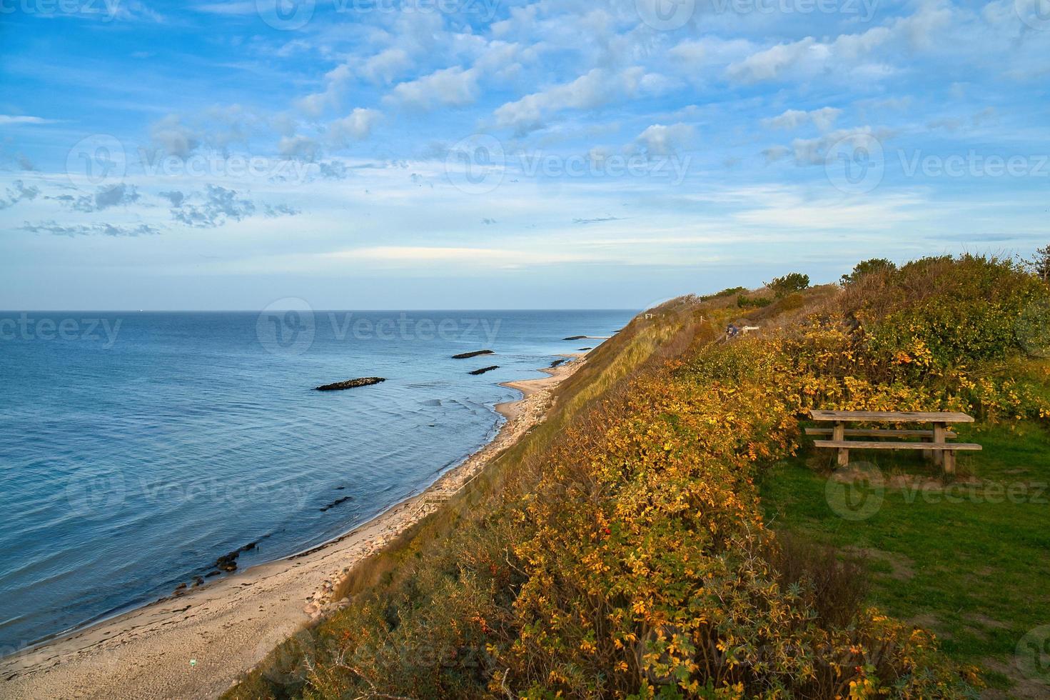 Hundested, Denmark on the cliff overlooking the sea. Baltic Sea coast, grassy meadow photo