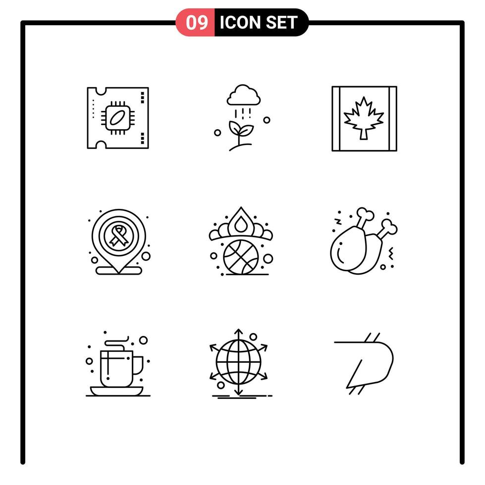 paquete de 9 signos y símbolos de contornos modernos para medios de impresión web, como elementos de diseño de vectores editables del hospital médico king crown rain