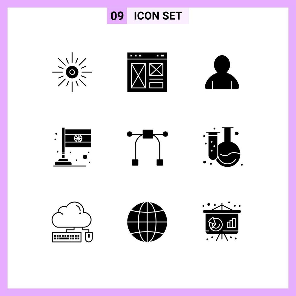 Set of 9 Vector Solid Glyphs on Grid for graphic india page flag user Editable Vector Design Elements