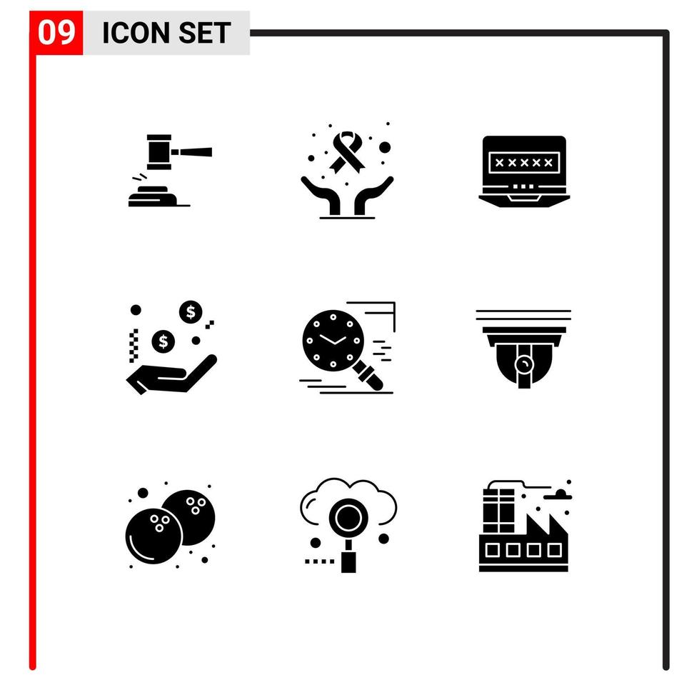 Solid Glyph Pack of 9 Universal Symbols of dollar security care louck laptop Editable Vector Design Elements