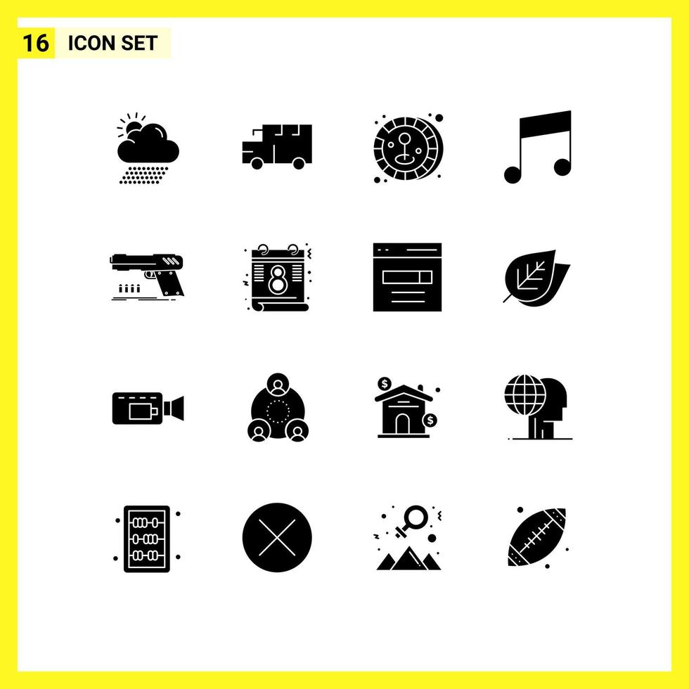 Set of 16 Modern UI Icons Symbols Signs for shooter handgun coin gun music Editable Vector Design Elements