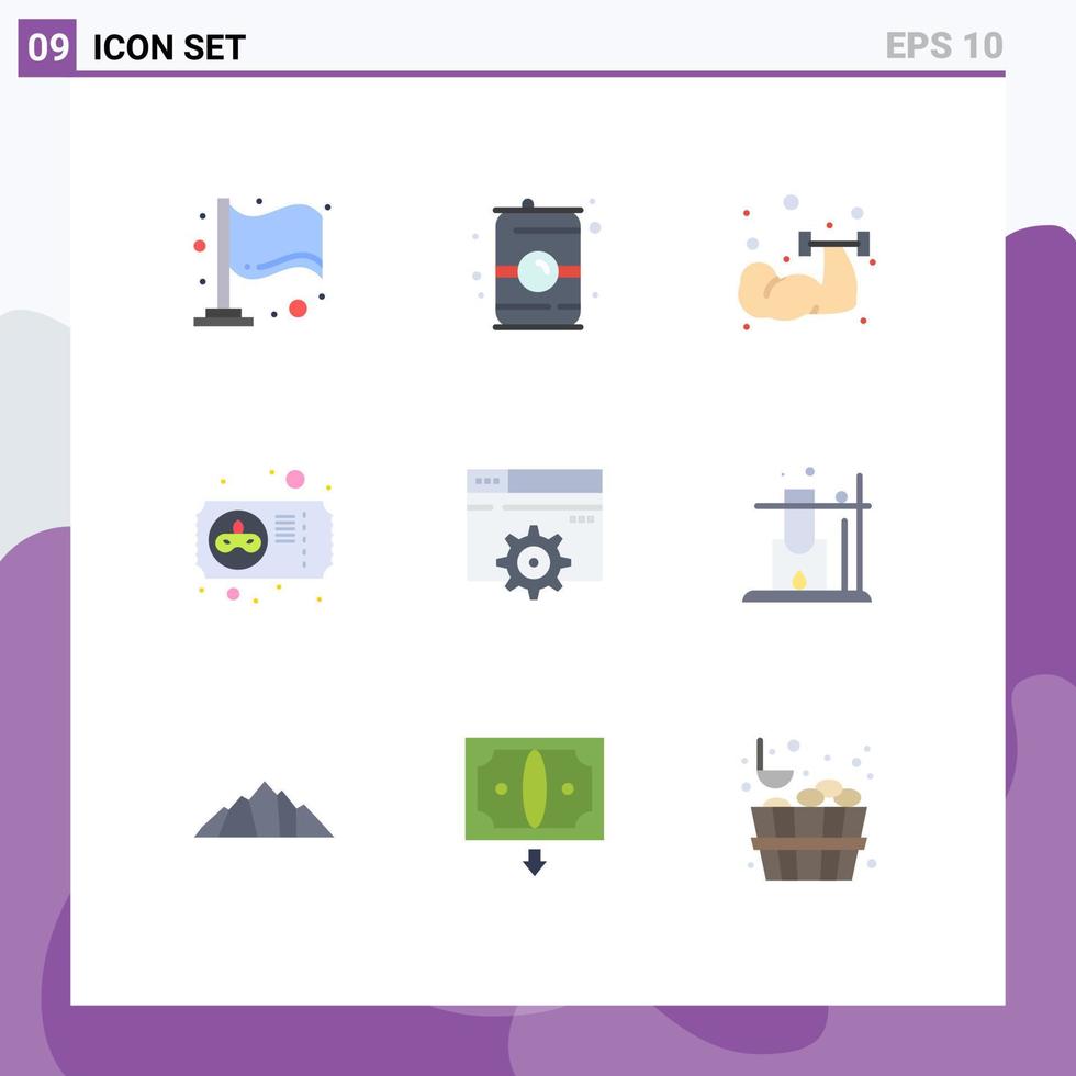 Universal Icon Symbols Group of 9 Modern Flat Colors of gear web exercise ticket mardi gras Editable Vector Design Elements