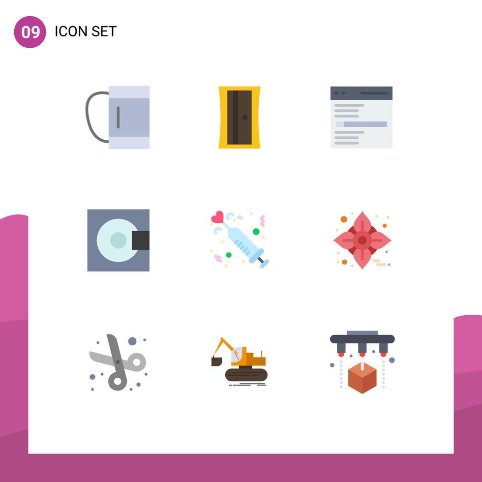 Pictogram Set of 9 Simple Flat Colors of heart technology interface products electronics Editable Vector Design Elements