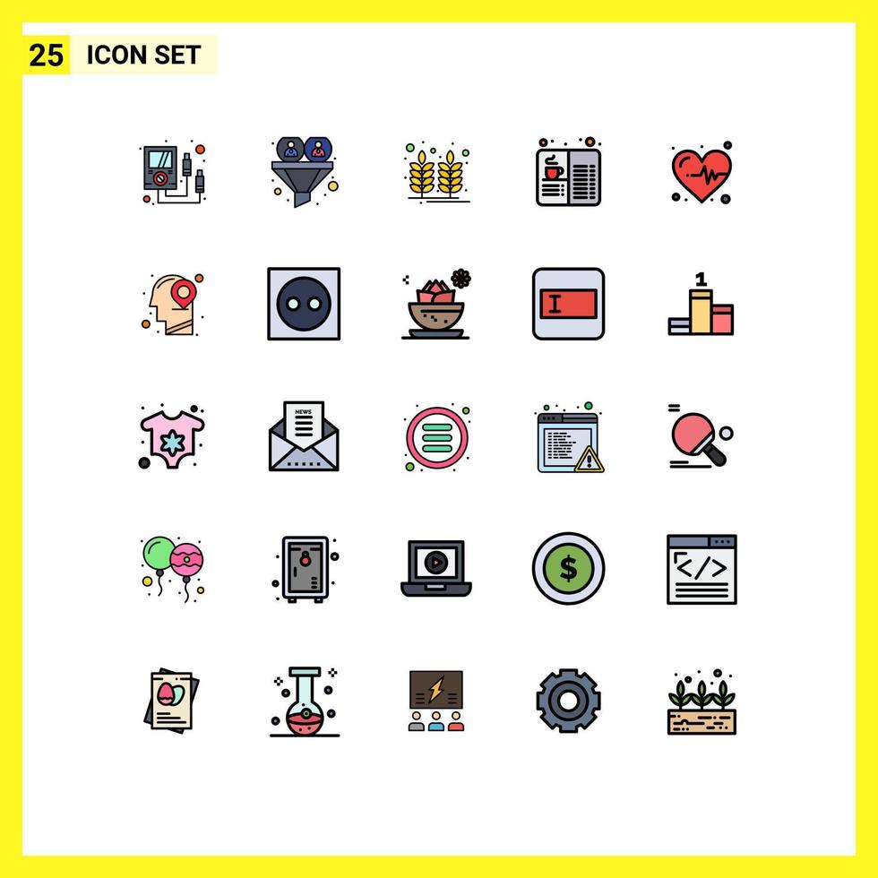 paquete de 25 modernos signos y símbolos de colores planos de línea rellena para medios de impresión web, como elementos de diseño de vectores editables de trigo de café de usuario de alimentos