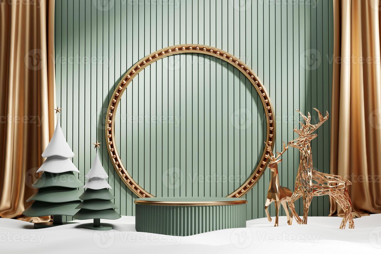 podio de exhibición de productos de feliz navidad de lujo con pino y decoración 3d render foto