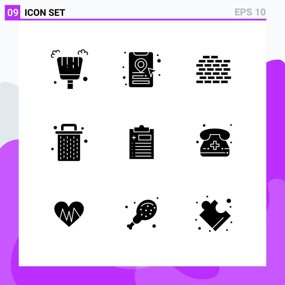 Solid Glyph Pack of 9 Universal Symbols of call test bricks clipboard garbage Editable Vector Design Elements