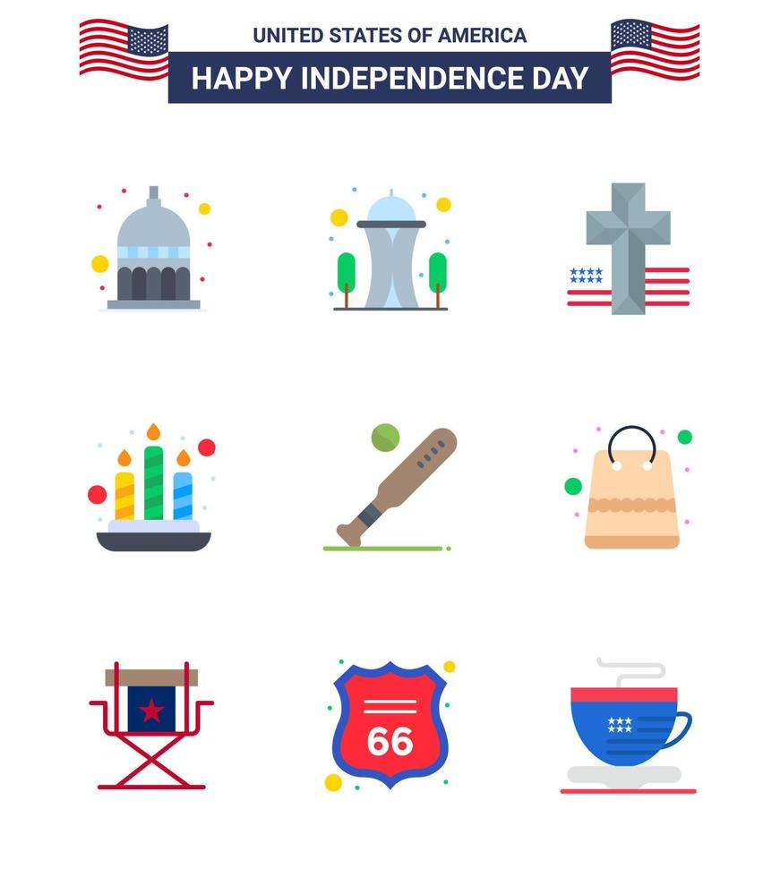 4th July USA Happy Independence Day Icon Symbols Group of 9 Modern Flats of sports baseball american ball fire Editable USA Day Vector Design Elements